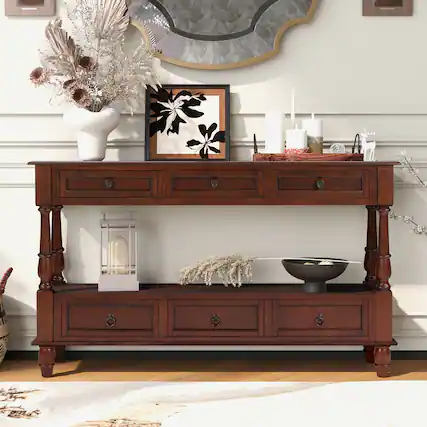 Front. GOODSILO - Vintage Style Solid Wood Console Table with Six Drawers and Two-Tier Shelf for Living Room and Entryway - Cherry.