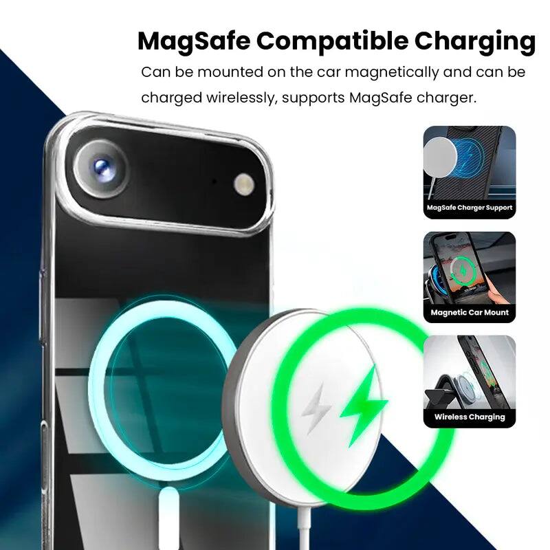 MagSafe Compatible Charging  
Can be mounted on the car magnetically and can be charged wirelessly, supports MagSafe charger.  

MagSafe Charger Support  
Magnetic Car Mount  
Wireless Charging
