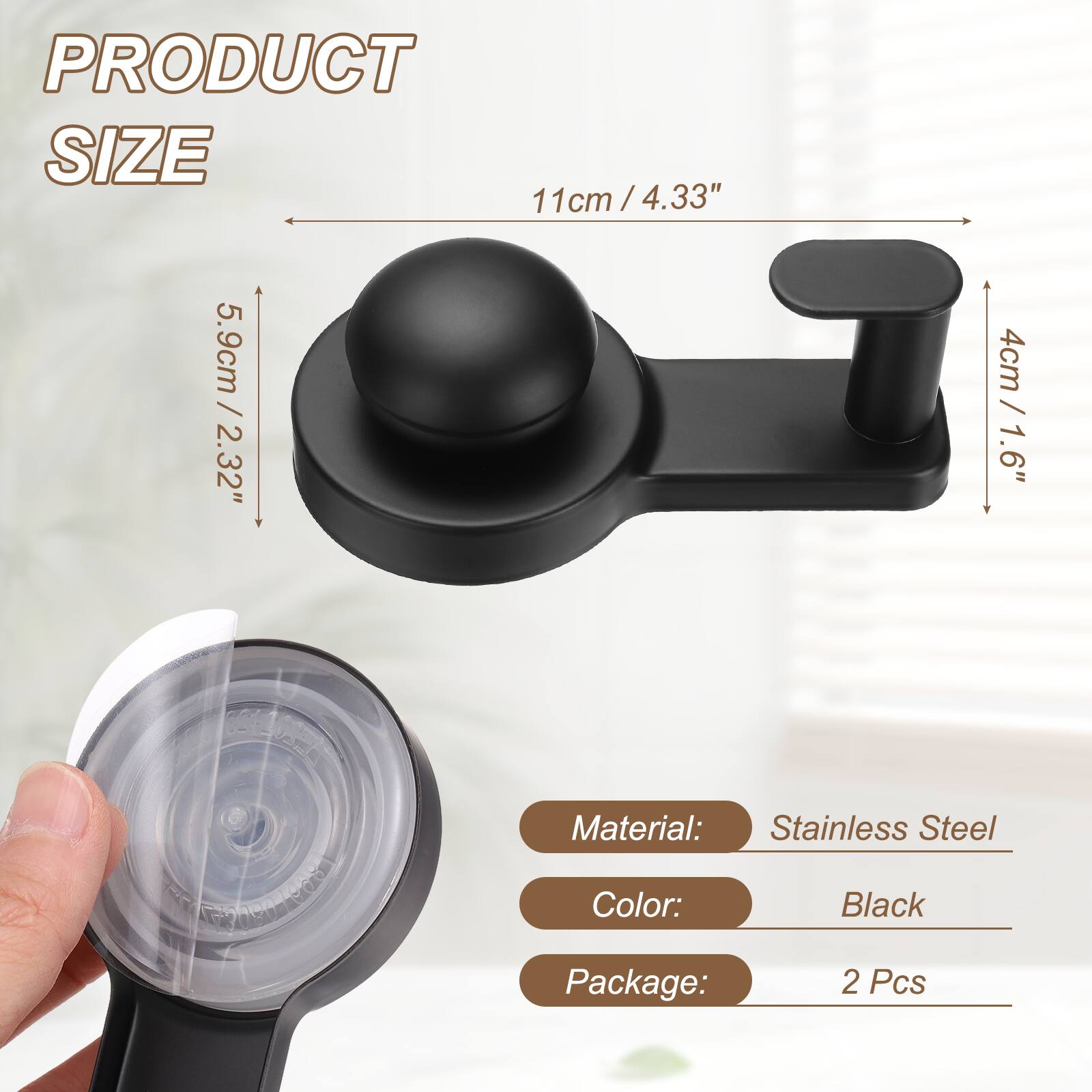 PRODUCT SIZE  
11cm / 4.33"  
5.9cm / 2.32"  
4cm / 1.6"  

Material: Stainless Steel  
Color: Black  
Package: 2 Pcs