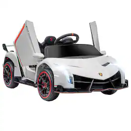 Ecooso - 12V Licensed Kids Battery Ride-On Car, Electric Vehicle with Remote Control, Music, Suspension, and Lights - White