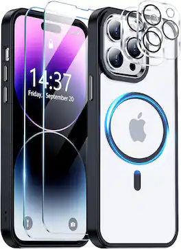 Entronix - Complete Protection Bundle for iPhone 15 Pro Max - Magnetic Clear Case with Screen and Camera Protectors - Variety of Color Choices