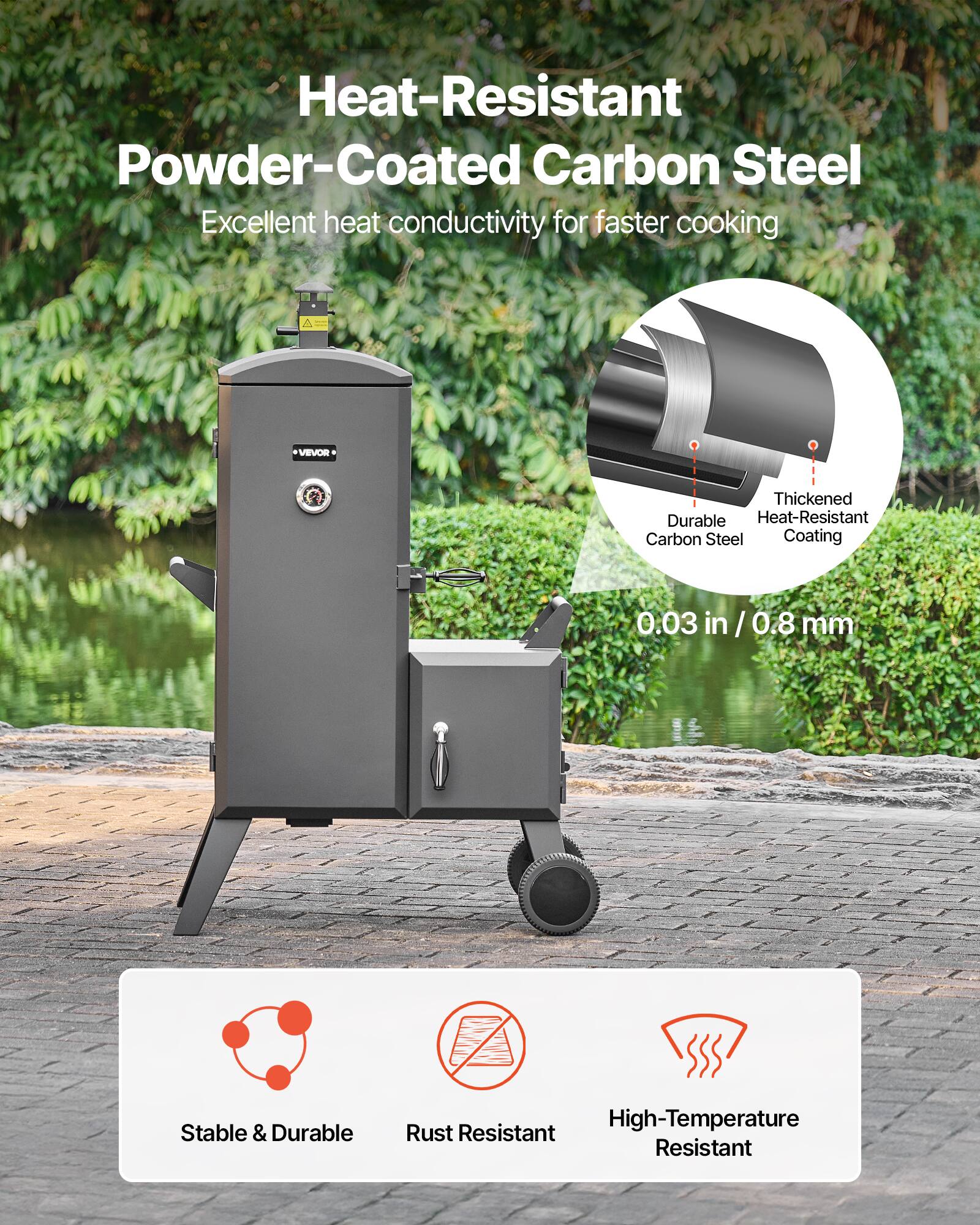 Heat-Resistant Powder-Coated Carbon Steel  
Excellent heat conductivity for faster cooking  

VEVOR  
Thickened Durable Heat-Resistant Carbon Steel Coating  
0.03 in / 0.8 mm  

Stable & Durable  
Rust Resistant  
High-Temperature Resistant