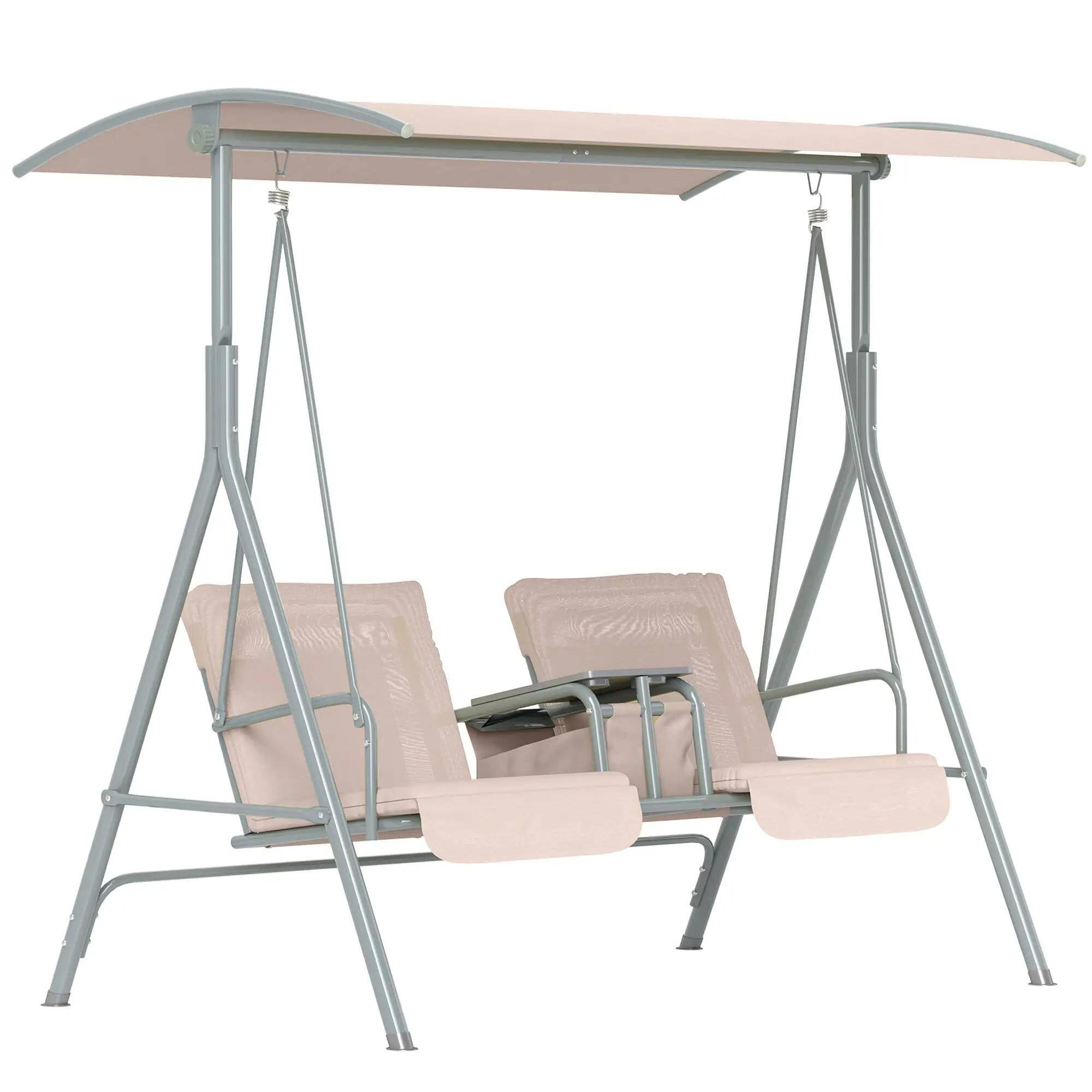 Front. Resenkos - Resenkos 2-Seater Swing With Canopy & Table, Patio Garden Swing, Poolside Backyard Relaxation, Beige.