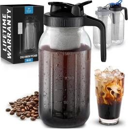 Zulay Kitchen - Premium Cold Brew Coffee Maker - 64oz Mason Jar With Leak-Proof Lid & Extra-Thick Glass - Black