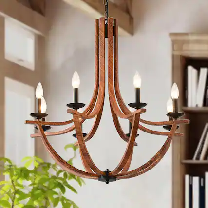 Front. RYHNUYNE - 30"Farmhouse Chandelier,8-Light Dining Room Light Fixture,Rustic Chandelier Wooden Light Fixtures for Living Room Foyer - Brown.