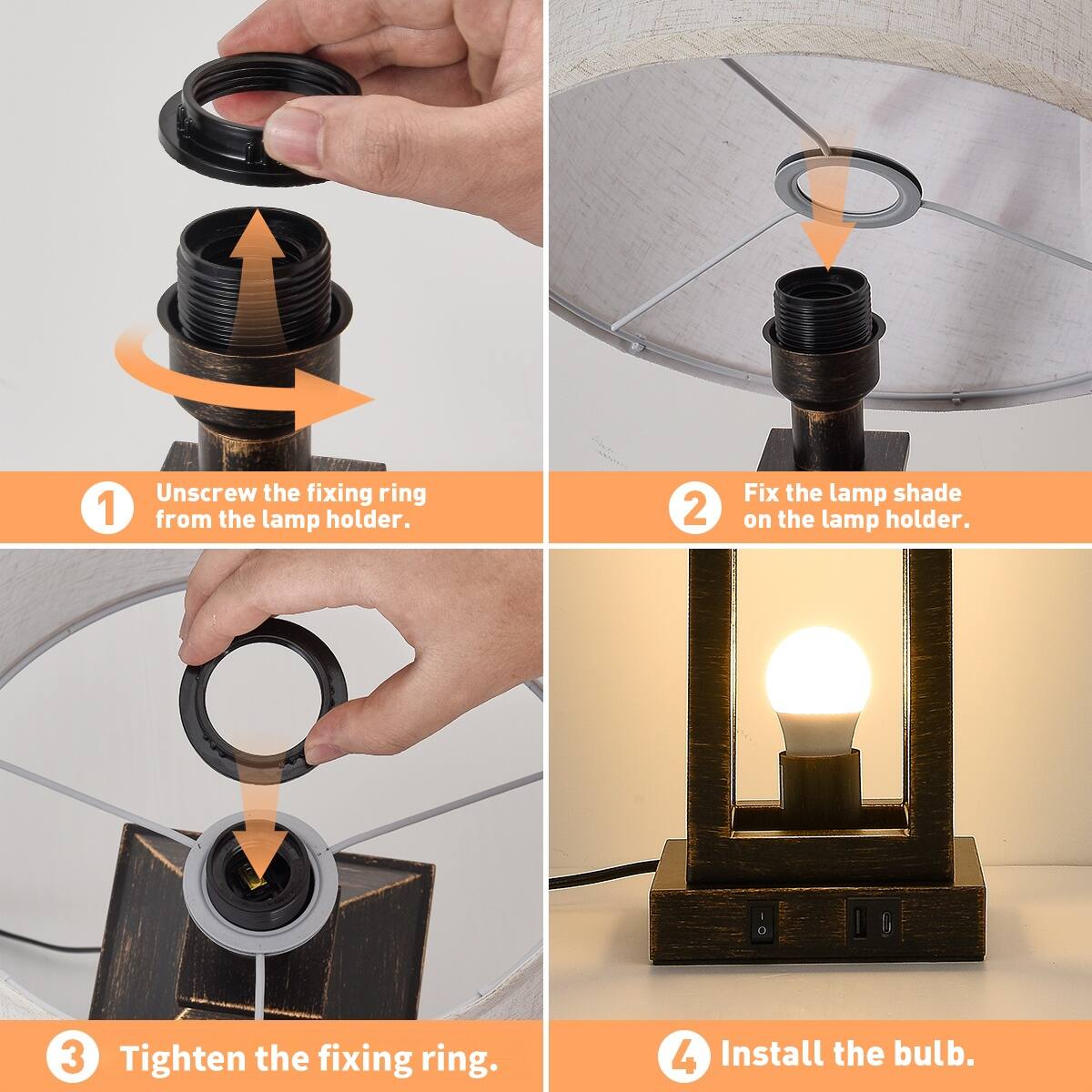 1. Unscrew the fixing ring from the lamp holder.
2. Fix the lamp shade on the lamp holder.
3. Tighten the fixing ring.
4. Install the bulb.