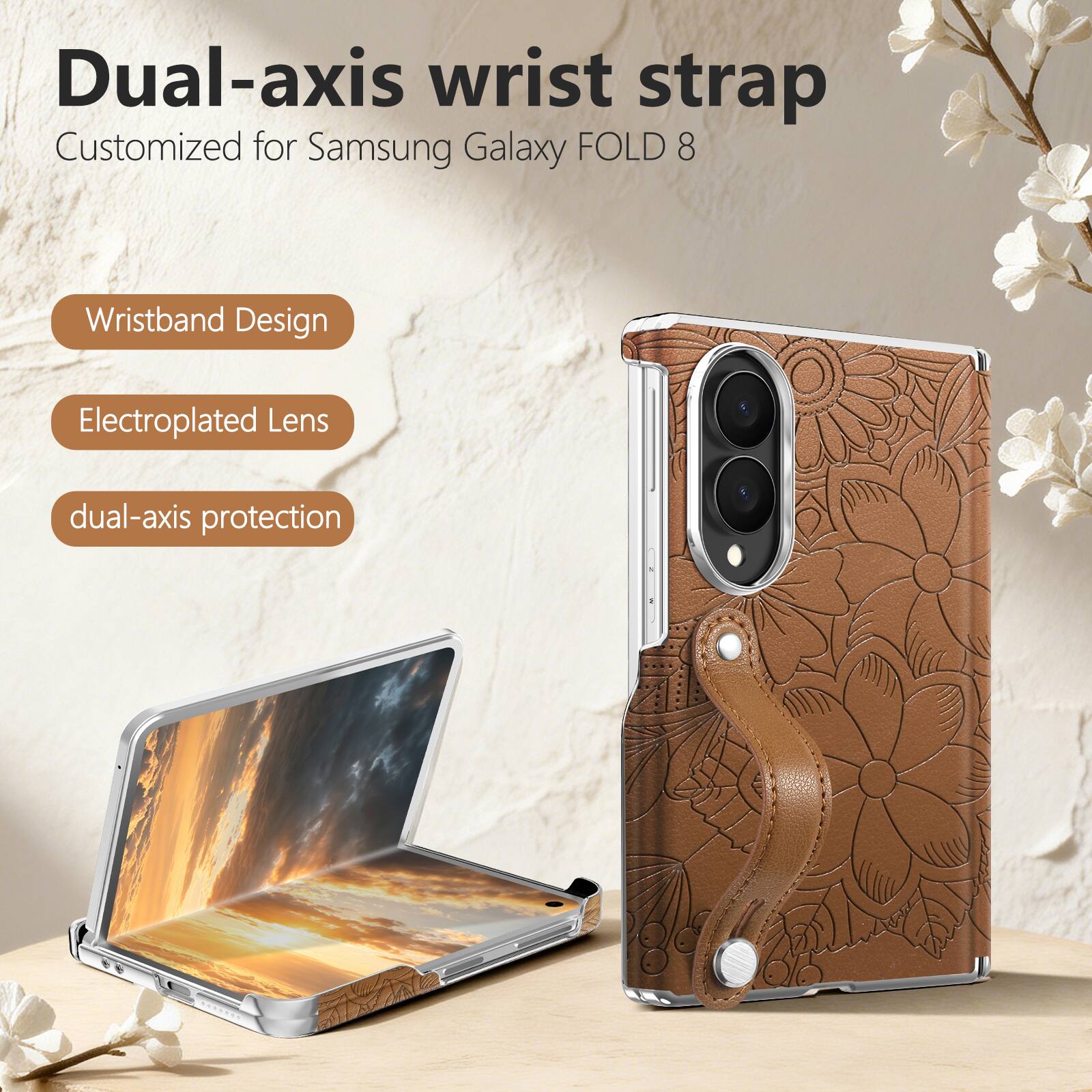 Dual-axis wrist strap  
Customized for Samsung Galaxy FOLD 8  

Wristband Design  
Electroplated Lens  
dual-axis protection