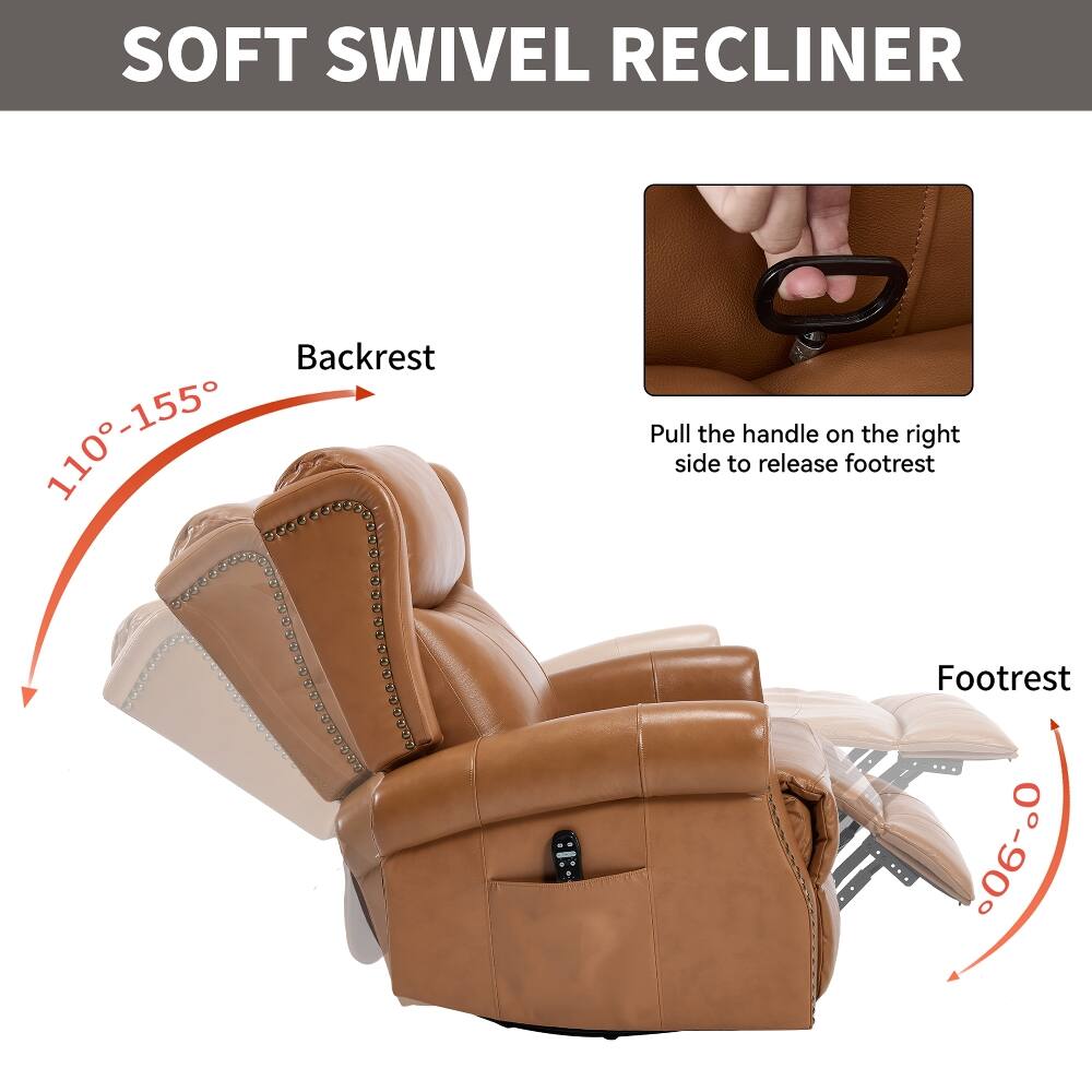 SOFT SWIVEL RECLINER

Backrest 110-155°

Pull the handle on the right side to release footrest

Footrest 0-90°