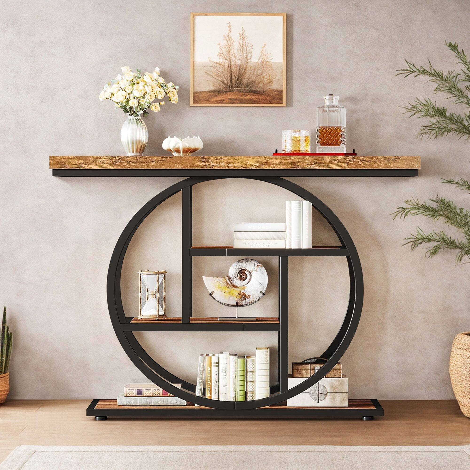 Alt View 3. Kadyn - 41.3" Industrial Console Table with 4 Open Shelves, Features a Sturdy Circle Base Design for a Rustic Entryway - Brown.