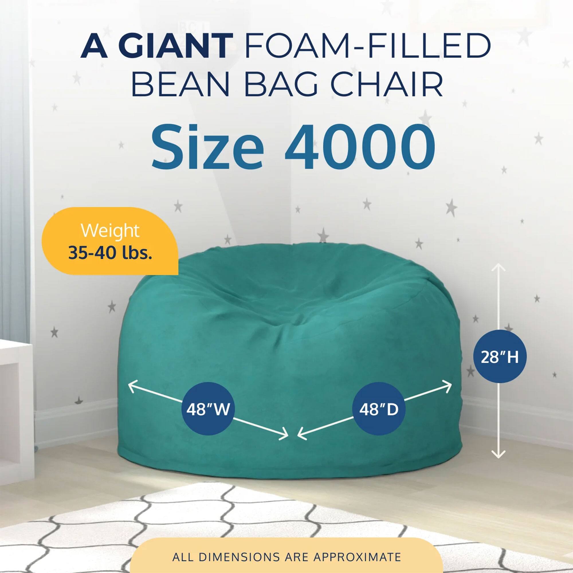 A GIANT FOAM-FILLED BEAN BAG CHAIR  
Size 4000  
Weight 35-40 lbs.  
28"H 48"W 48"D  
ALL DIMENSIONS ARE APPROXIMATE
