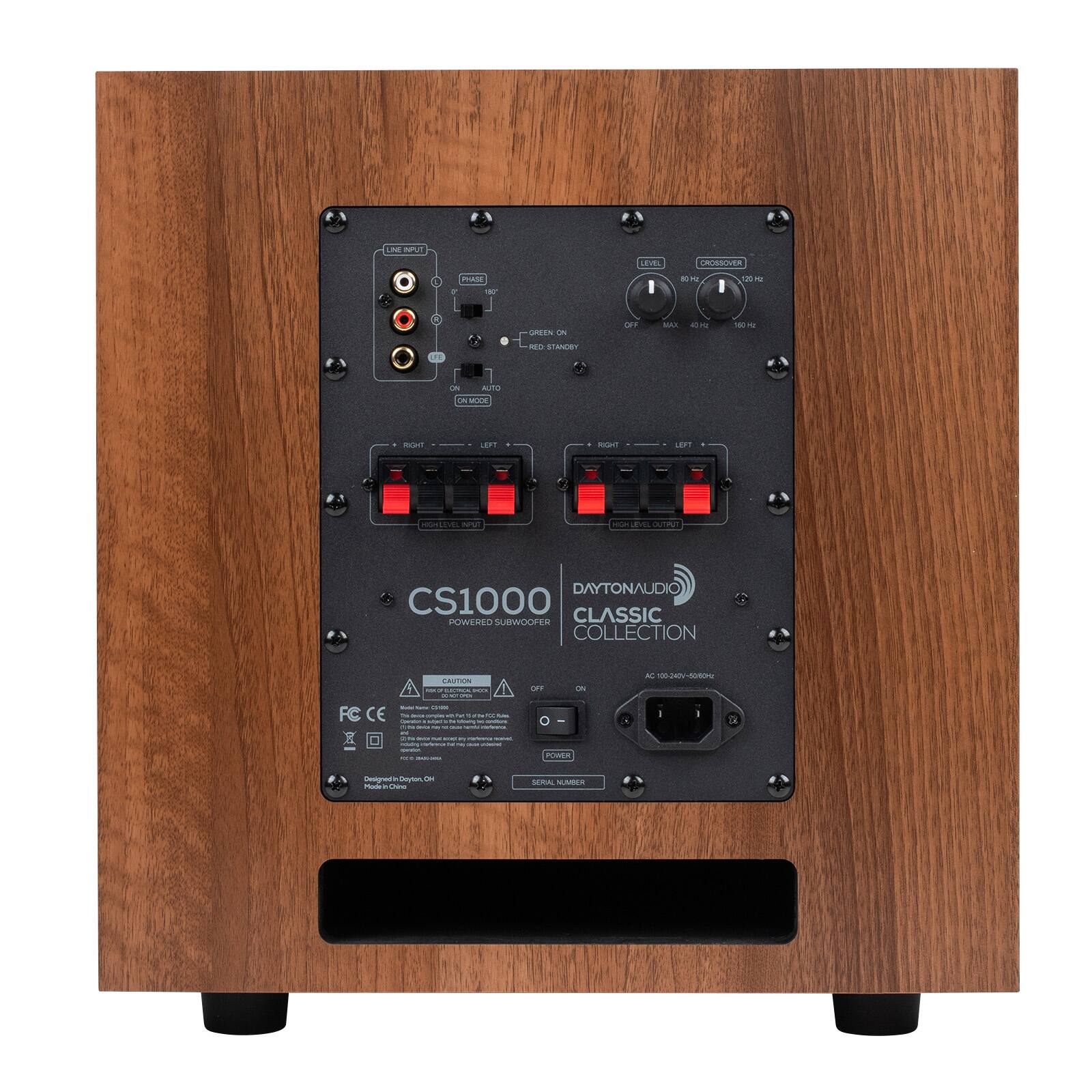 LINE INPUT  
LEVEL  
CROSSOVER  
PHASE  

I  
120  
:  
GREEN CN  
OFF  
MAX  
160 H  
UE  
-REO STANDBY  
ON AUTO ON MODE  
RIGHT  
LEFT  
RIGHT  
LEFT  
HIGHLEVEL WE  
HOM  
OUTRIT  

DAYTONAUDIO CS1000 POWERED SUBWOOFER CLASSIC COLLECTION  
CAUTION  
OFF  
ON  
AC 100-240V-50/60Hz  
KLAI - CARE FCCE PM Connsium - main - - 100% V 14 IN - comitions  BAX - mrform n - M - C pizzence movel noverno ao - - - ... PROGARD  
0 POWER  
Designed in Dayton, OH Made in China  
SERIAL NUMBER