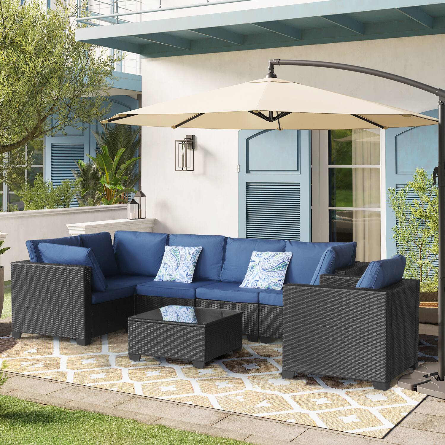 Front. APRILSOUL - 7 Piece PE Rattan Sectional Sofa Set with Washable Cushions and Glass Table Outdoor - Black+Blue.