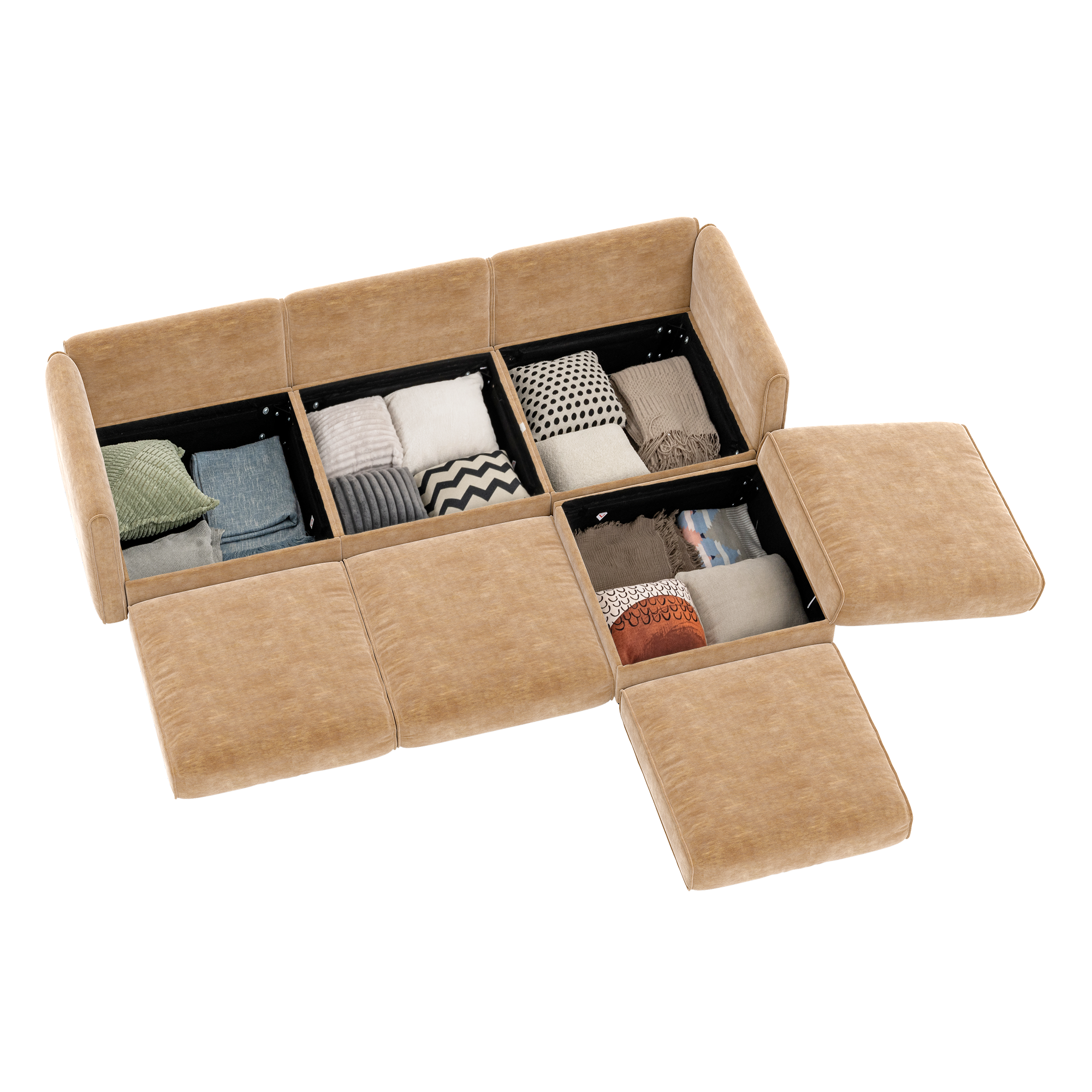Left. Anysun - Chenille L-Shape 3-Seater Sofa with Ottoman & Hidden Storage - Cylindrical Backrest & Armrests, Contemporary. - Camel.