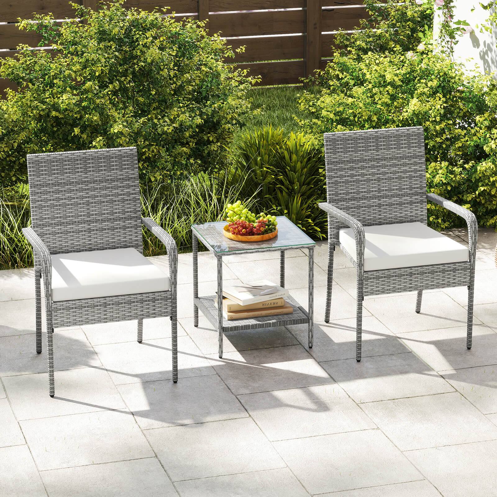 Alt View 4. Costway - Costway 3 PCS Patio Furniture Set with Seat Cushions & Tempered Glass Tabletop - Gray,White.