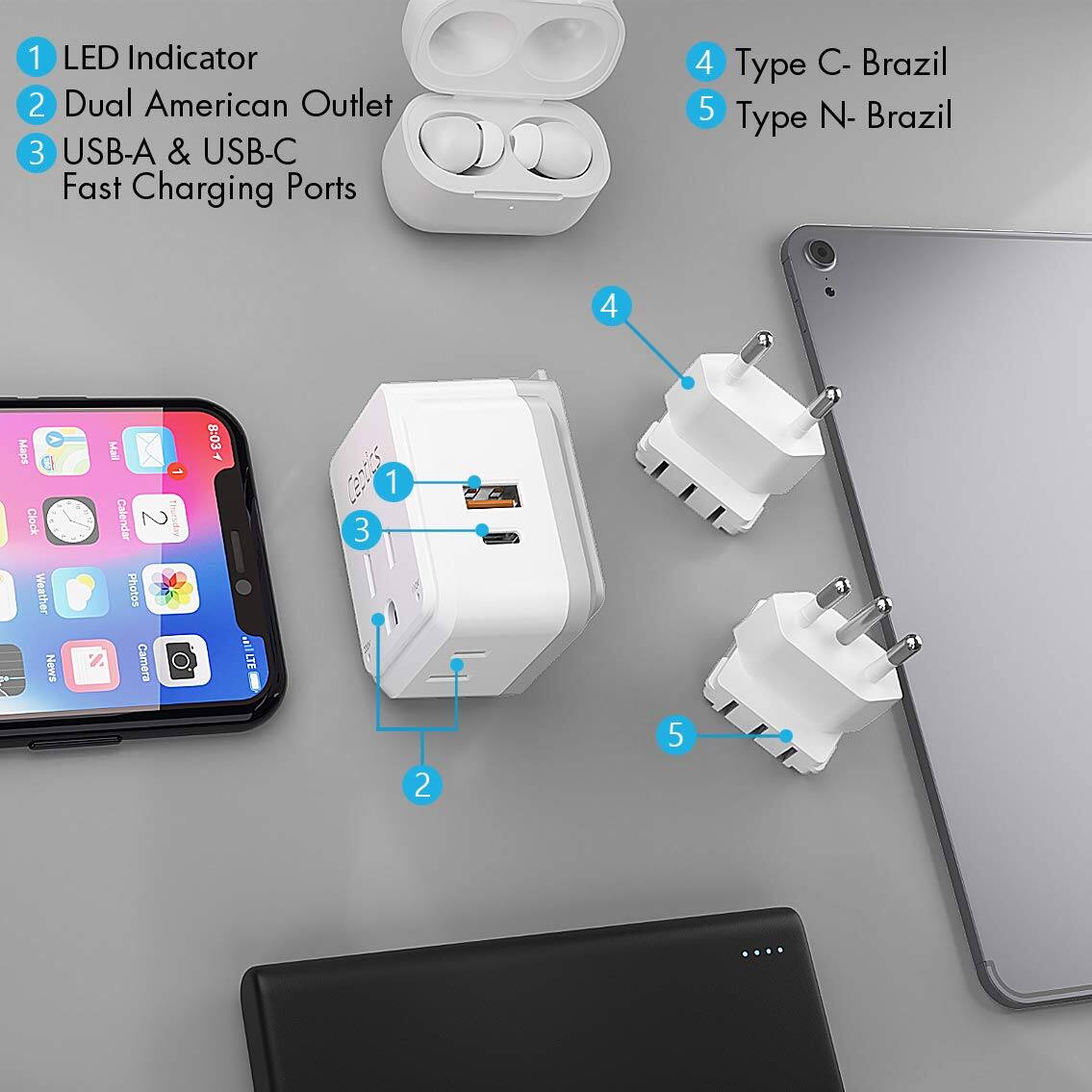 1. LED Indicator  
2. Dual American Outlet  
3. USB-A & USB-C Fast Charging Ports  
4. Type C - Brazil  
5. Type N - Brazil  

1. LED Indicator  
2. Dual American Outlet  
3. USB-A & USB-C Fast Charging Ports  
4. Type C - Brazil  
5. Type N - Brazil  

1. LED Indicator  
2. Dual American Outlet  
3. USB-A & USB-C Fast Charging Ports  
4. Type C - Brazil  
5. Type N - Brazil  

1. LED Indicator  
2. Dual American Outlet  
3. USB-A & USB-C Fast Charging Ports  
4. Type C - Brazil  
5. Type N - Brazil  

1. LED Indicator  
2. Dual American Outlet  
3. USB-A & USB-C Fast Charging Ports  
4. Type C - Brazil  
5. Type N - Brazil  

1. LED Indicator  
2. Dual American Outlet  
3. USB-A & USB-C Fast Charging Ports  
4. Type C - Brazil  
5. Type N - Brazil  

1. LED Indicator  
2. Dual American Outlet  
3. USB-A & USB-C Fast Charging Ports  
4. Type C - Brazil  
5. Type N - Brazil  

1. LED Indicator