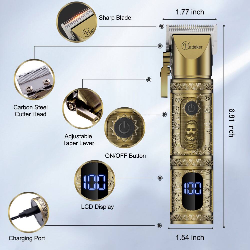 Sharp Blade
1.77 inch
Hattek
Carbon Steel Cutter Head
Adjustable Taper Lever ON/OFF Button
6.81 inch
LCD Display
Charging Port
1.54 inch
