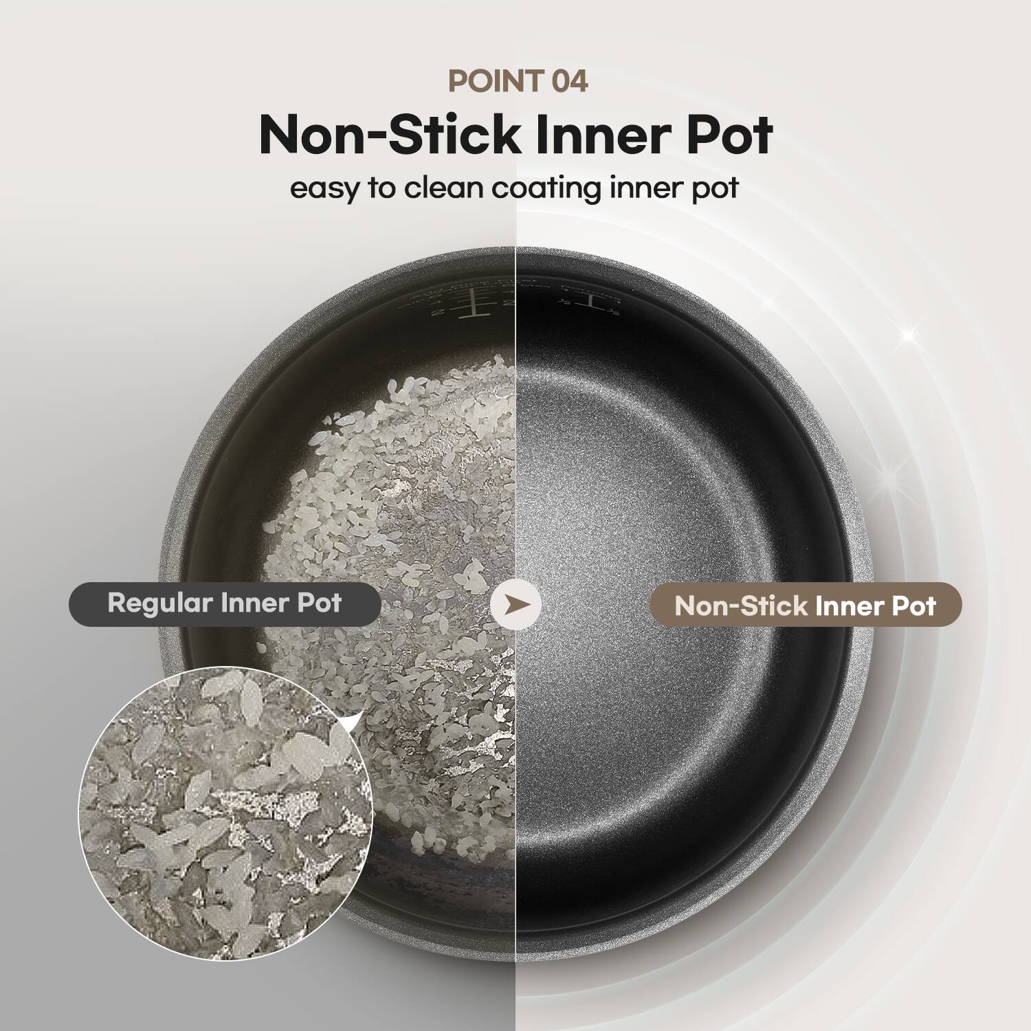 POINT 04
Non-Stick Inner Pot
easy to clean coating inner pot
Regular Inner Pot
Non-Stick Inner Pot