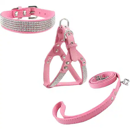 Front. MOSZAR LLC - Dog Collar, Harness & Lead Set, Soft Diamante Fashion Design, Pink (M) - Pink.