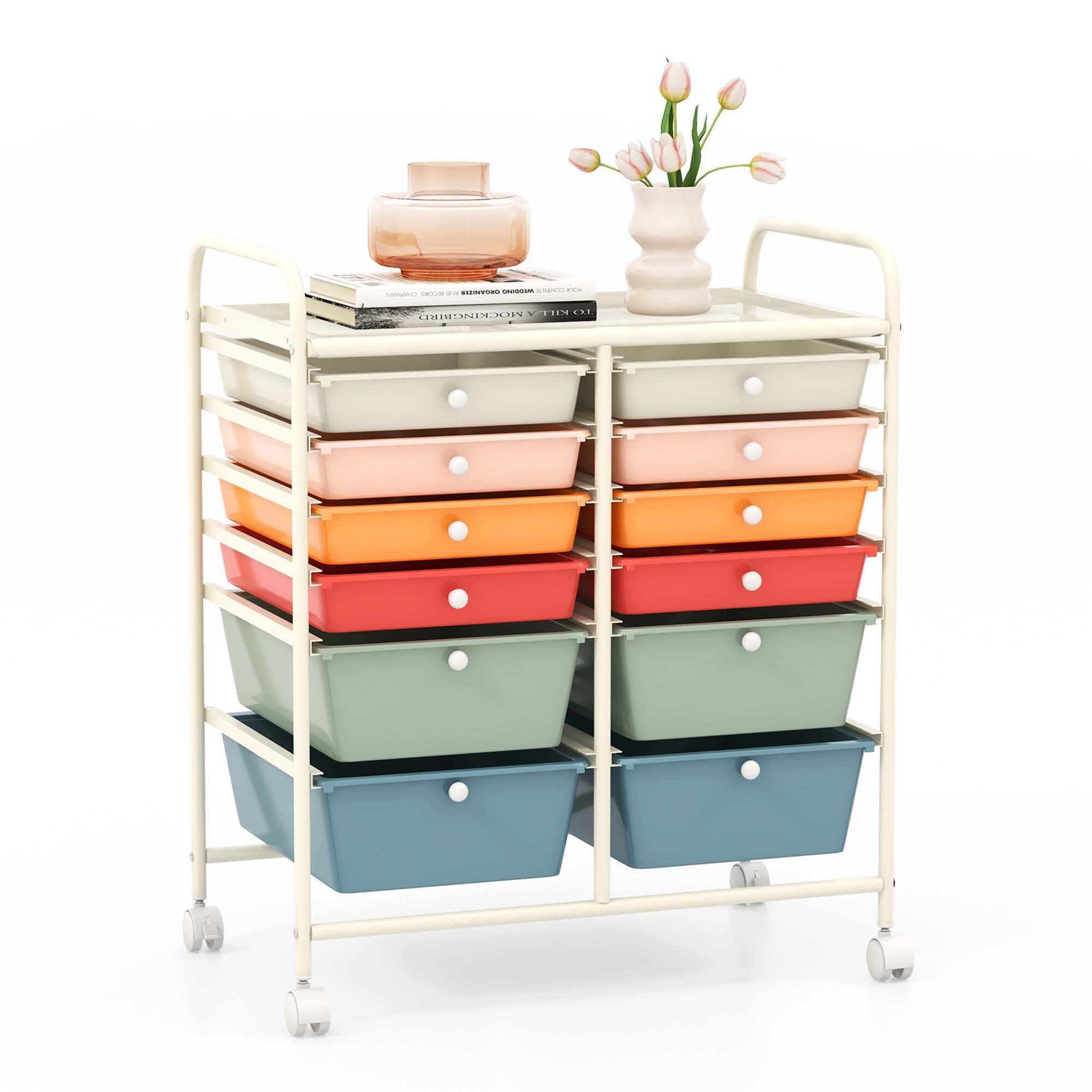 Costway - 12 Drawer Rolling Storage Cart Organizer Cart with 2 Sizes Plastic Drawers - Macaron