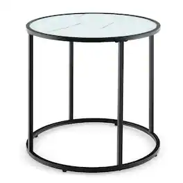 SlickBlue - Glass End Table with Metal Frame and Faux Marble Top, Modern Living Room Accent Table - Black