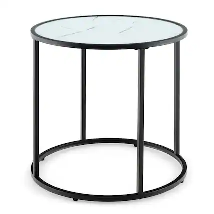 Front. SlickBlue - Glass End Table with Metal Frame and Faux Marble Top, Modern Living Room Accent Table - Black.