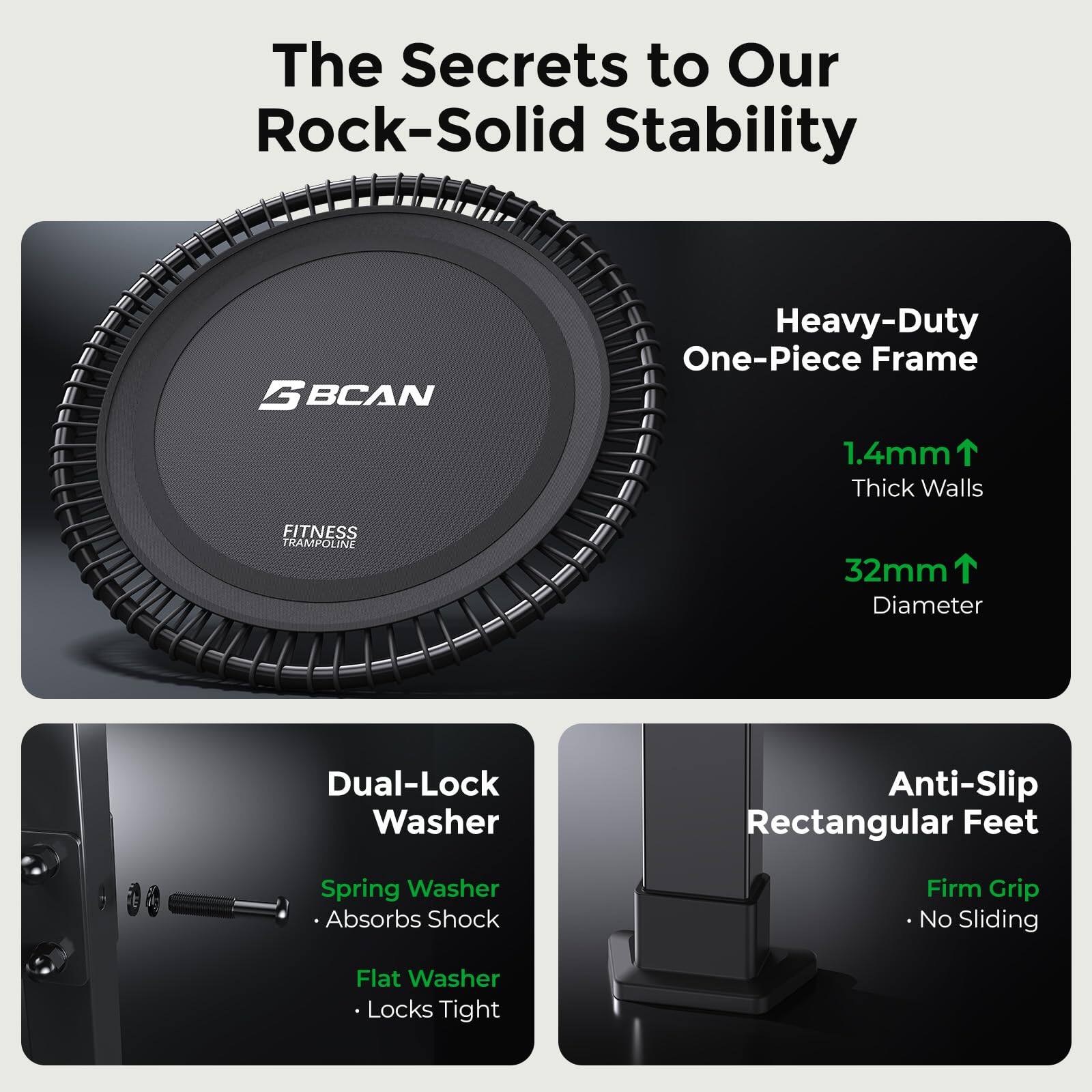 The Secrets to Our Rock-Solid Stability

- Heavy-Duty One-Piece Frame
  - 1.4mm Thick Walls
  - 32mm Diameter

- Dual-Lock Washer
  - Spring Washer: Absorbs Shock
  - Flat Washer: Locks Tight

- Anti-Slip Rectangular Feet
  - Firm Grip: No Sliding