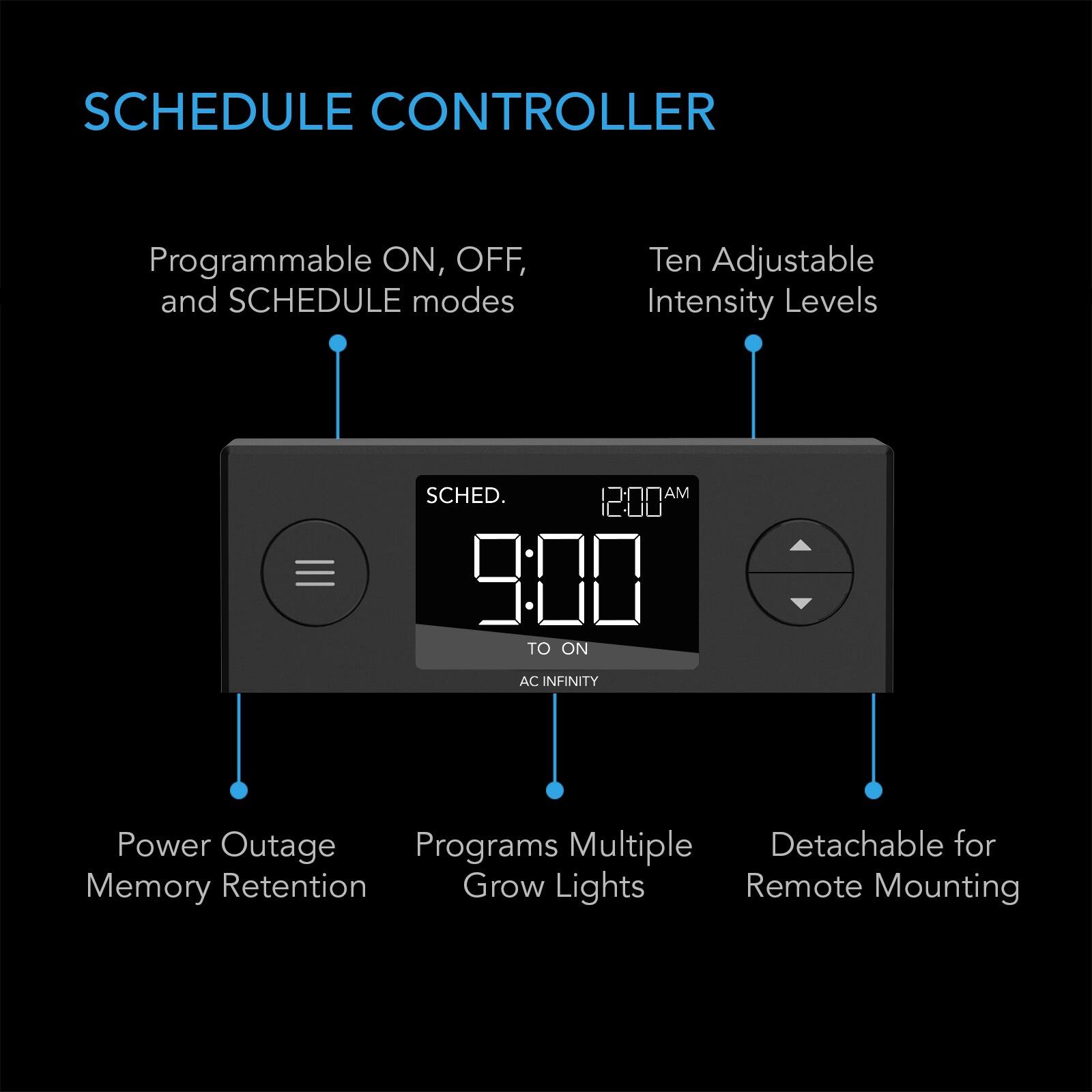SCHEDULE CONTROLLER

Programmable ON, OFF, and SCHEDULE modes

Ten Adjustable Intensity Levels

SCHED. AM 200 TO ON AC INFINITY

Power Outage Memory Retention

Programs Multiple Grow Lights

Detachable for Remote Mounting