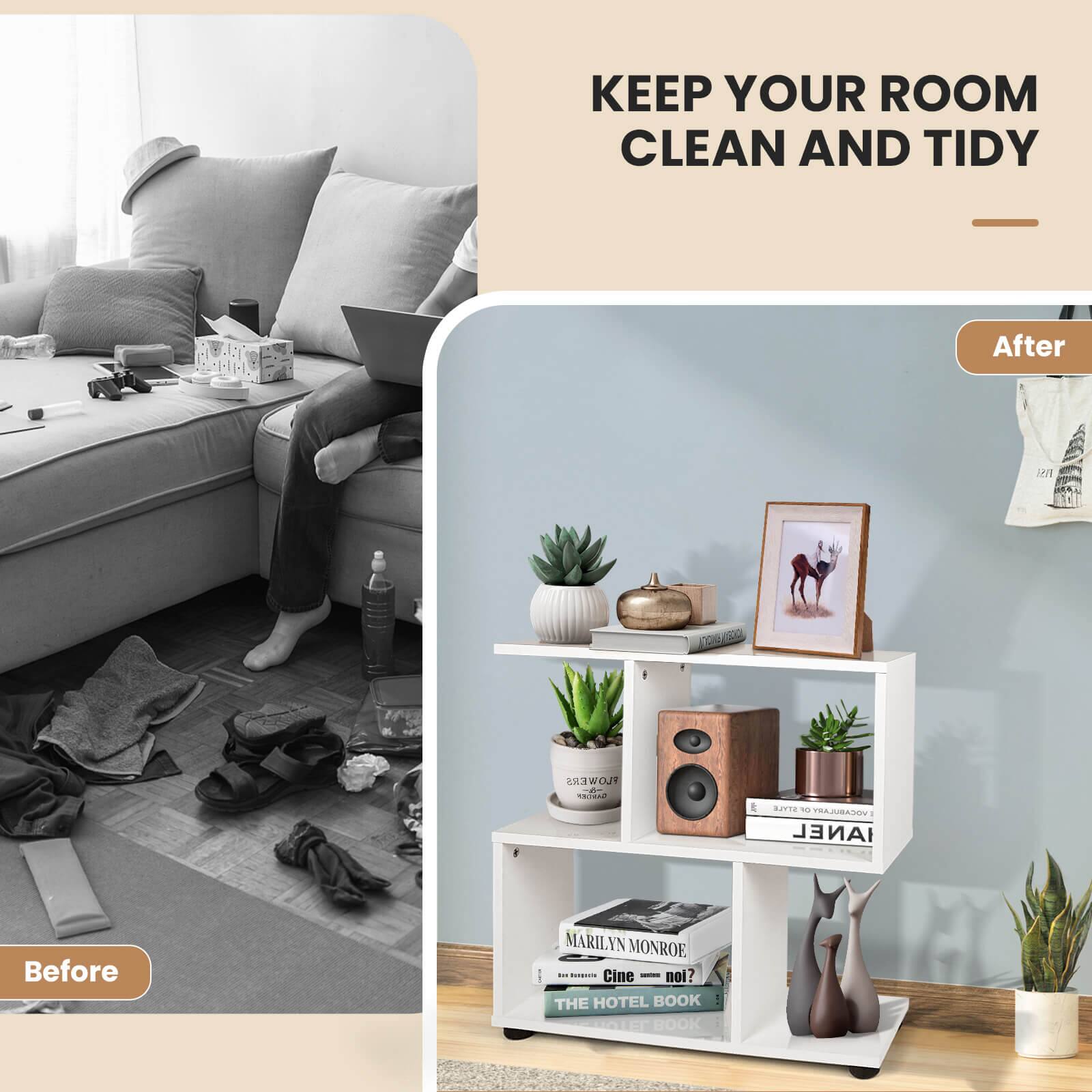 KEEP YOUR ROOM CLEAN AND TIDY
After:
A clean and organized room with a shelf full of books and potted plants.

Before:
A messy room with a couch, a laptop, and various items scattered around.