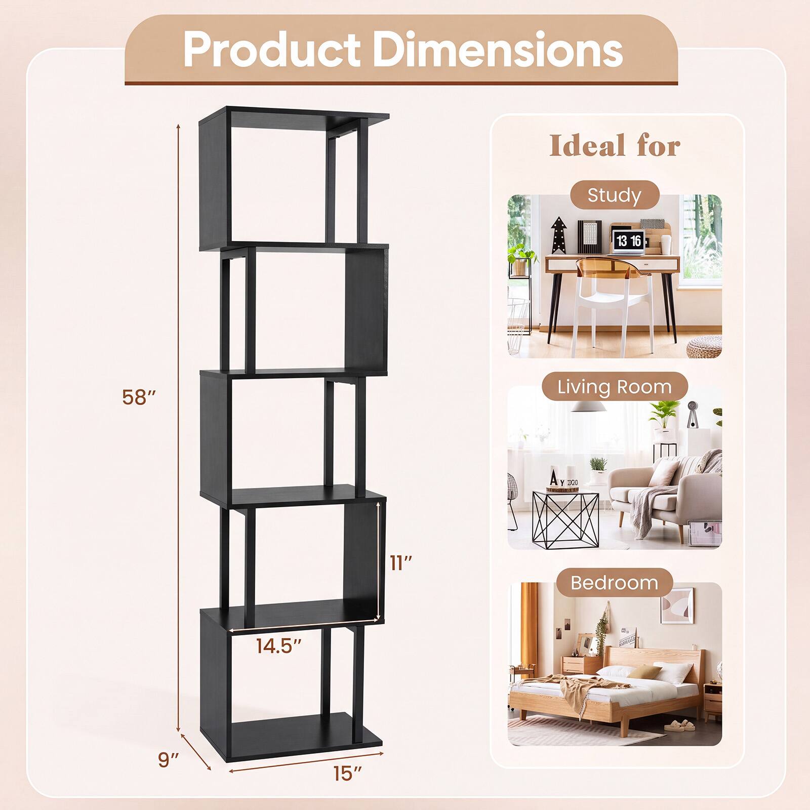 Costway 1 PCS S Shaped Bookshelf, 5 Tier Geometric Bookcase Corner ...