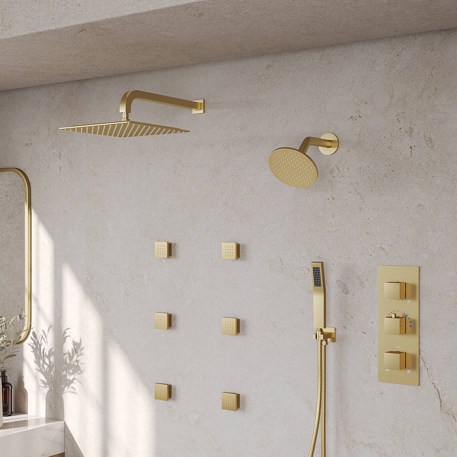 Angle. GRANDJOY - 12" Rain Shower System with 6" Wall Shower, Handheld Sprayer, 6 Body Jets and Thermostatic Brass Valve Faucet Set - Brushed Gold.