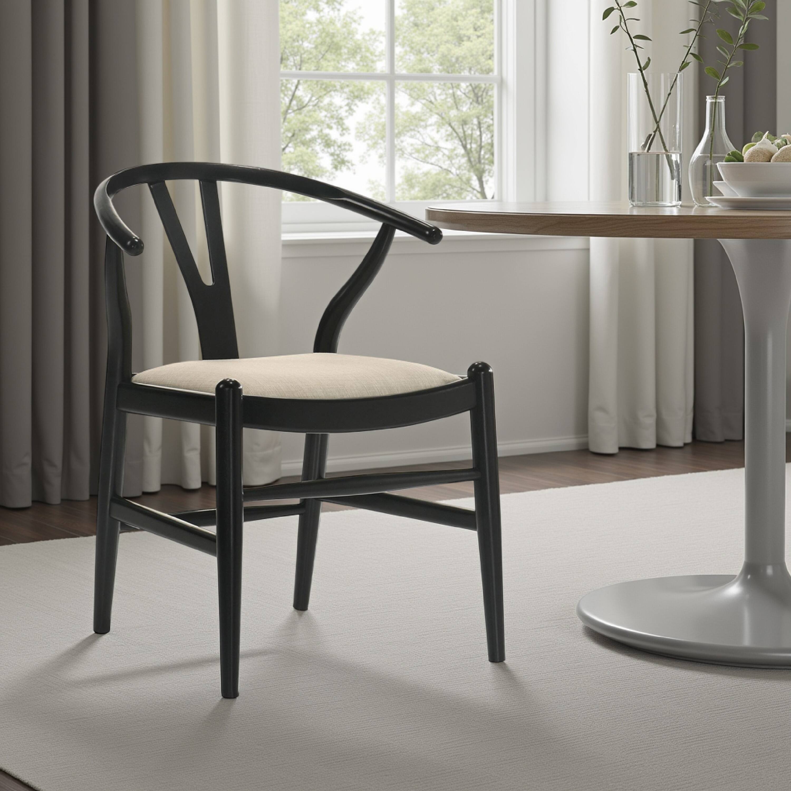 Alt View 5. Manhattan Lane - Ellie Wishbone Dining Chair Set of 2, Beige Fabric, Black Hardwood - Black, Beige.