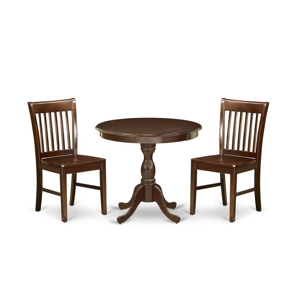 Left. East West Furniture - AMNF3-MAH-W 3 Piece Dining Room Table Set - 1 Wooden Table and 2 Mahogany Dining Chairs - Mahogany Finish - Mahogany.