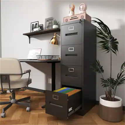 Front. HTUTWOO - 4 Drawer File Cabinet with Lock Metal Vertical File Cabinet – A4 /Letter Size Narrow Cabinet Locked, Assembly Required - Black.
