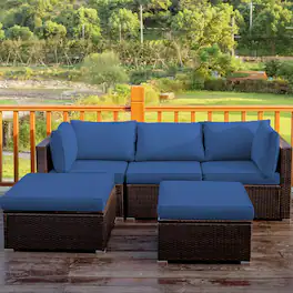 Gymax - 5PCS Rattan Patio Conversation Set Outdoor Furniture Set w/ Ottoman Cushion - Navy
