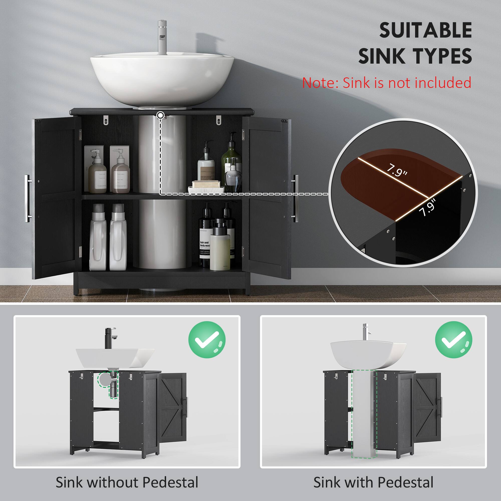 SUITABLE SINK TYPES  
Note: Sink is not included  

7.9" x 7.9"  

Sink without Pedestal  
Sink with Pedestal