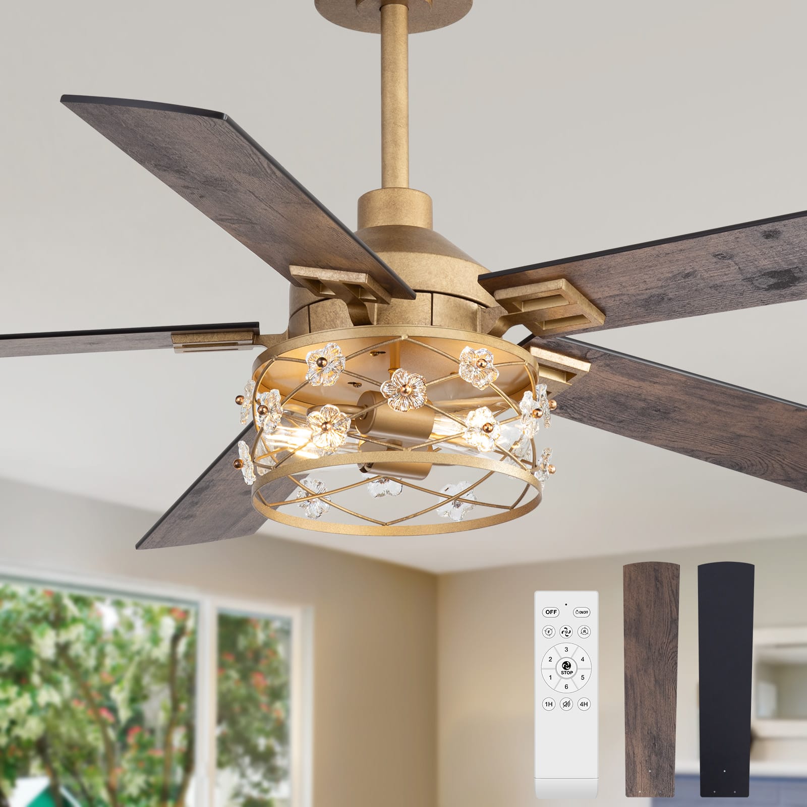 Front. Breezary - 52-Inch Indoor Ceiling Fan with Light Kit, 5 Plywood Dual-Finish Blades, DC Motor, 5/10'' Downrods, Remote, Glass Shade - Paint Gold with Black and Rich Walnut.