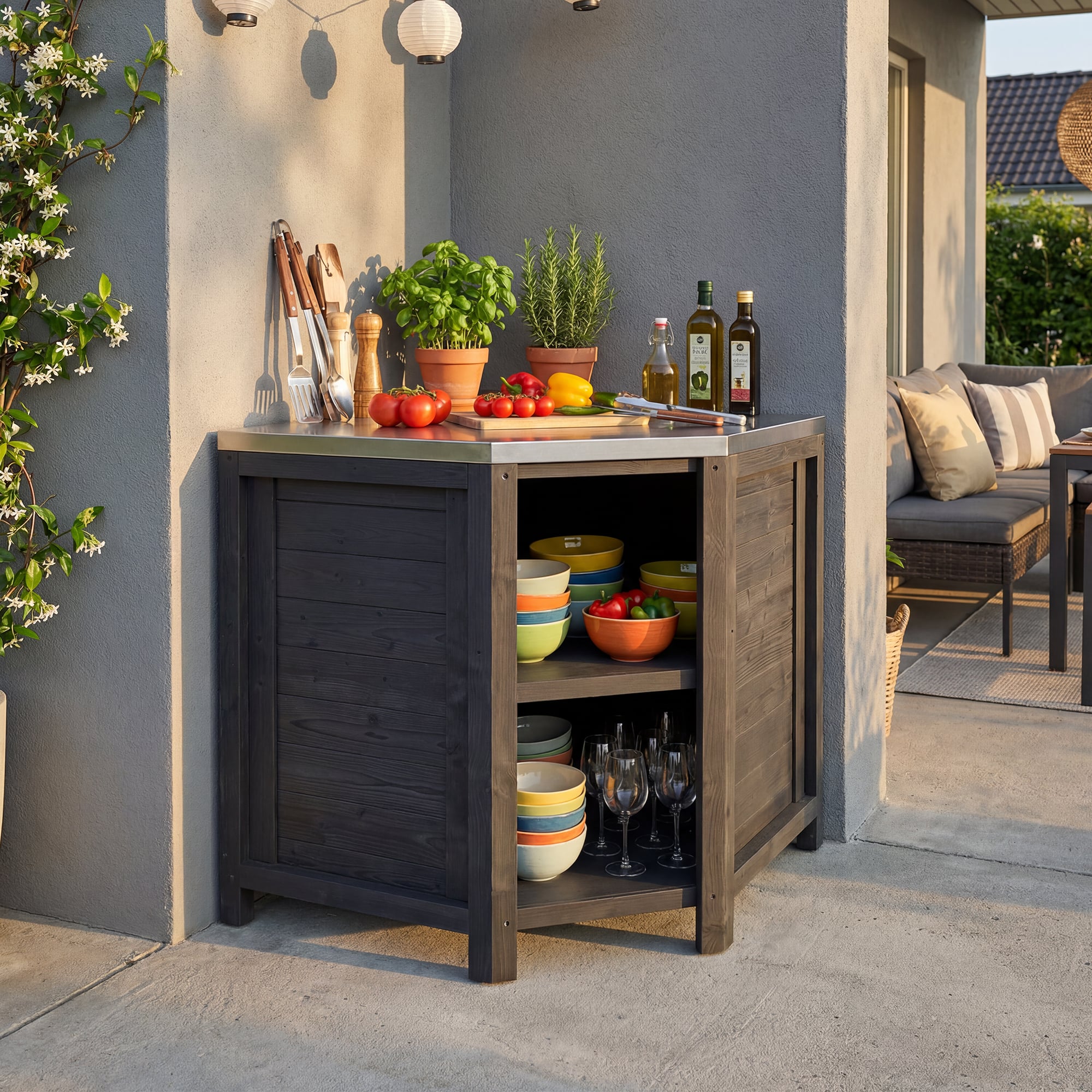 Famapy - Modular Solid Cedar Outdoor Kitchen Cabinets - All-Weather Storage with Stainless Steel Top for Patio, Grill Station - Carbon Black