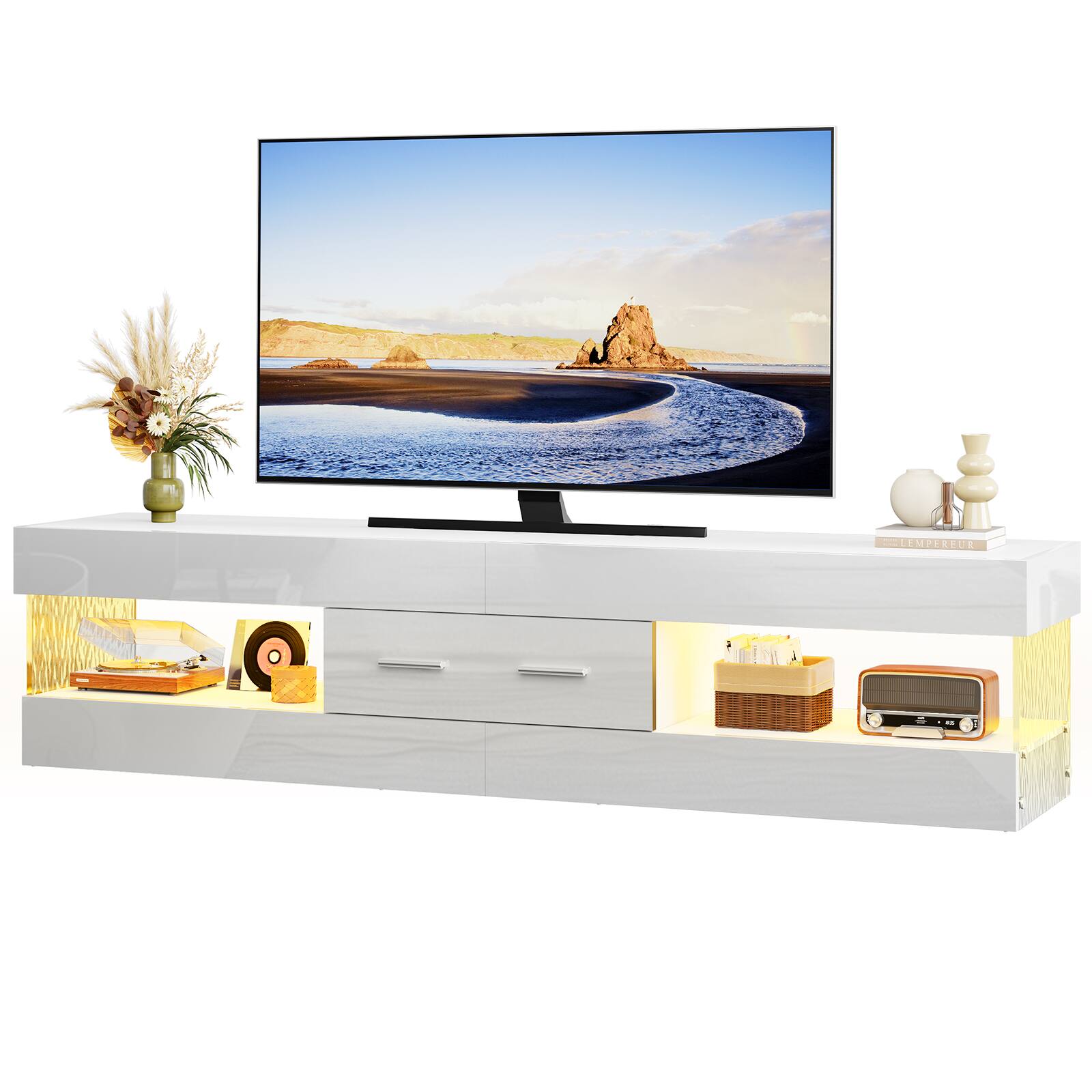 Alt View 2. Bestier - 67 Inch Glossy Black TV Stand for 75 Inch TVs, Entertainment Center with Storage Drawer and LED Lights - Bright White.