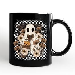 OrnamentallyYou - Retro Ghost Floral Halloween Mug, Spooky Vintage Checkered Gift - Black