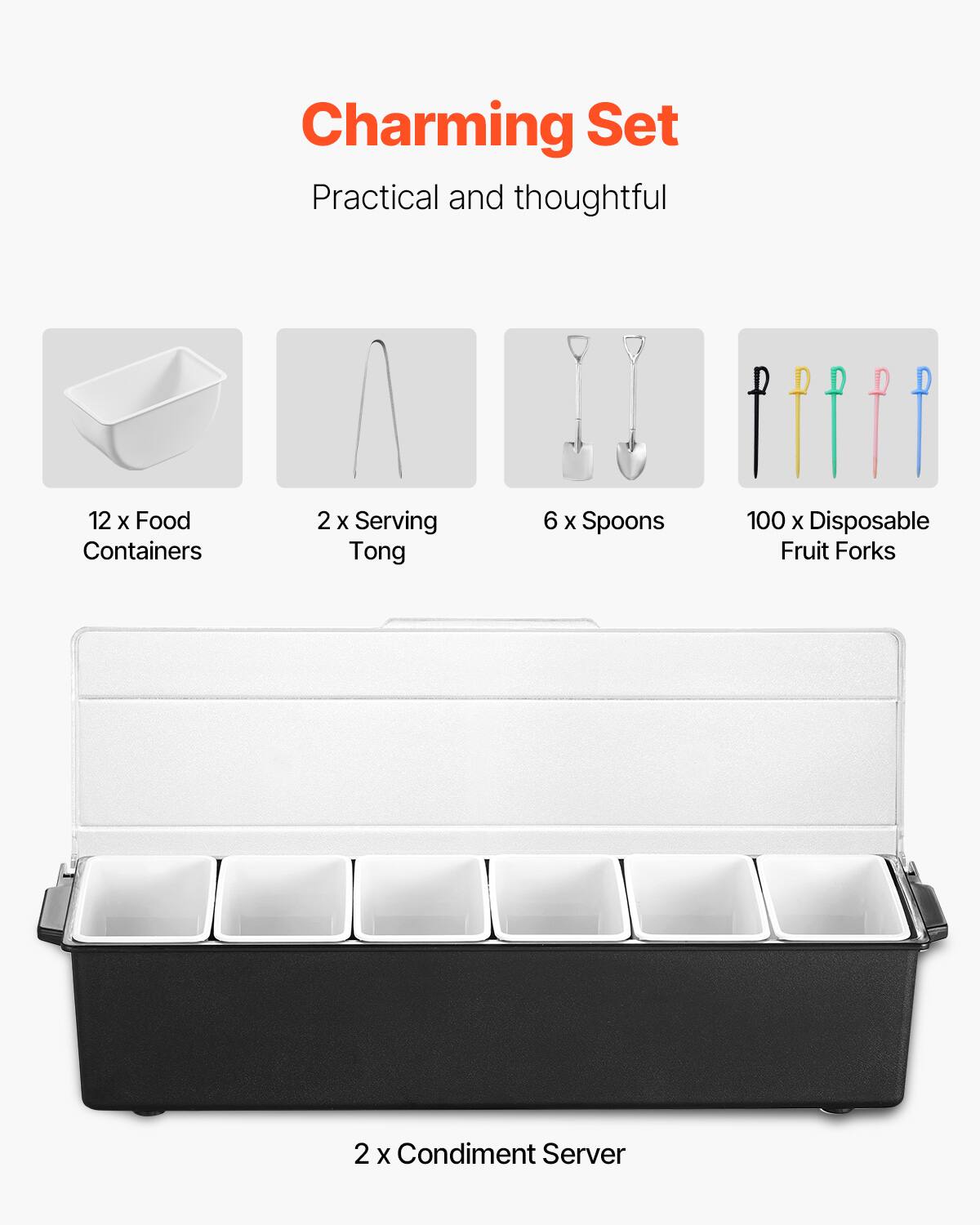 Charming Set Practical and thoughtful

12 x Food Containers  
2 x Serving Tong  
6 x Spoons  
100 x Disposable Fruit Forks  
2 x Condiment Server