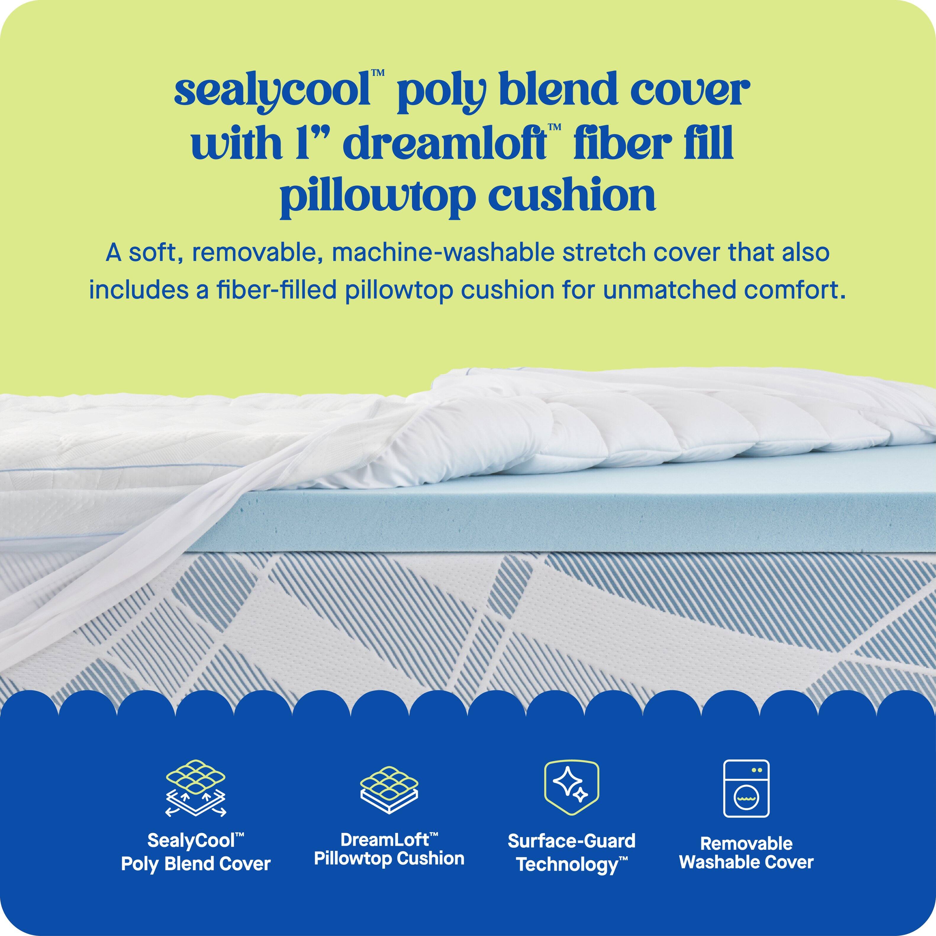 SealyCool Poly Blend Cover with 1" DreamLoft Fiber Fill Pillowtop Cushion: A soft, removable, machine-washable stretch cover that also includes a fiber-filled pillowtop cushion for unmatched comfort. SealyCool Poly Blend Cover DreamLoft Surface-Guard Removable Pillowtop Cushion Washable Cover Technology.
