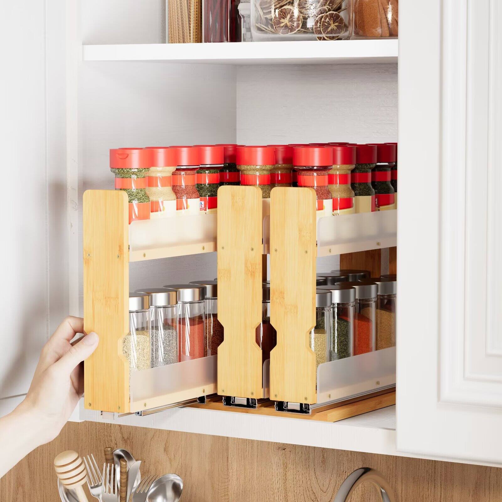 Alt View 1. Tooloton - Bamboo Spice Rack Organizer with Sliding Drawers, 3-Tier Vertical Cabinet Storage, 7.6 Inch Wide Pantry Shelf - Natural.