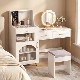 Costway - Vanity Desk with Mirror and Lights, 3 Lighting Modes, Glass Desktop, 3 Drawers - White