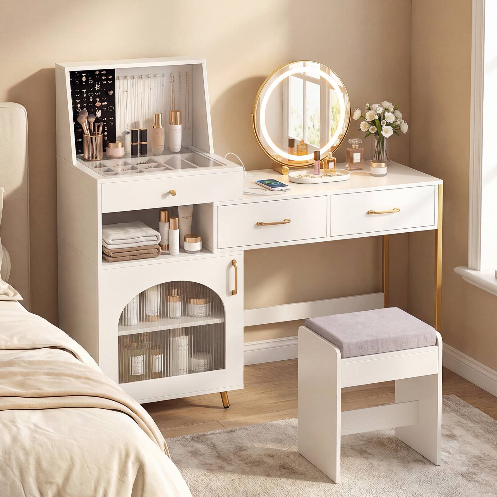 Front. Costway - Costway Vanity Desk with Mirror and Lights, 3 Lighting Modes, Glass Desktop, 3 Drawers - White.