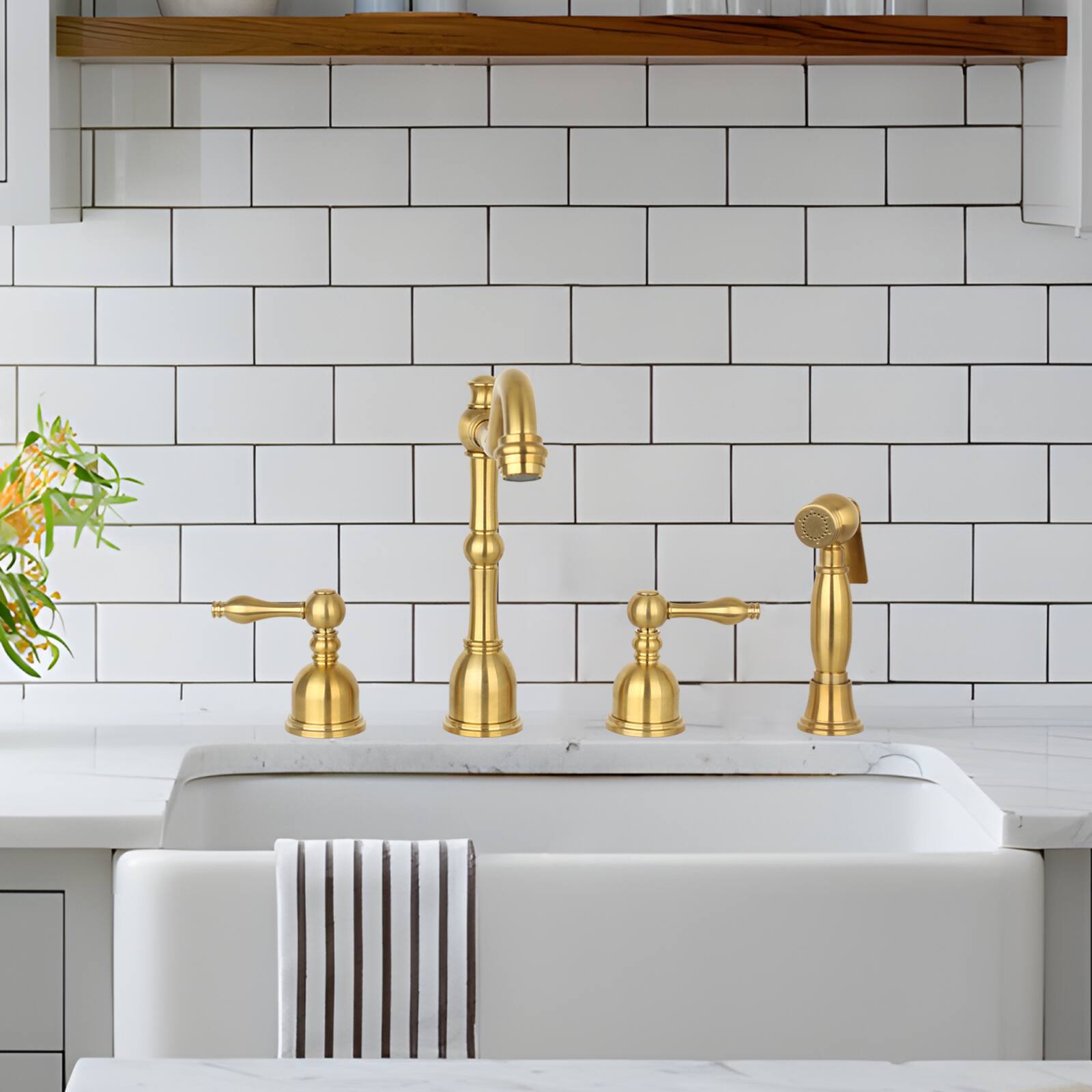 Alt View 3. Akicon - Akicon Solid Brass Two-Handles 360° Swivel Widespread Kitchen Faucet with Side Sprayer in Brushed Gold - Brushed Gold.