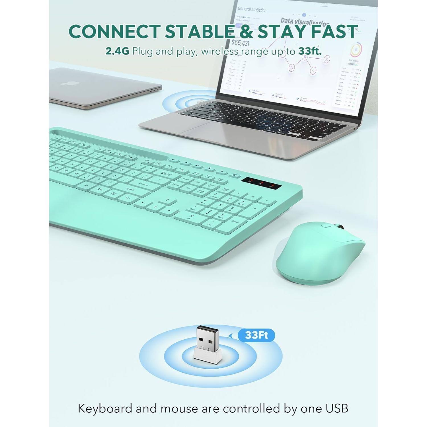 CONNECT STABLE & STAY FAST  
2.4G Plug and play, wireless range up to 33ft.  

General statistics  
Data visualization  
$55,431  
Wireless range up to 33ft.  

Keyboard and mouse are controlled by one USB