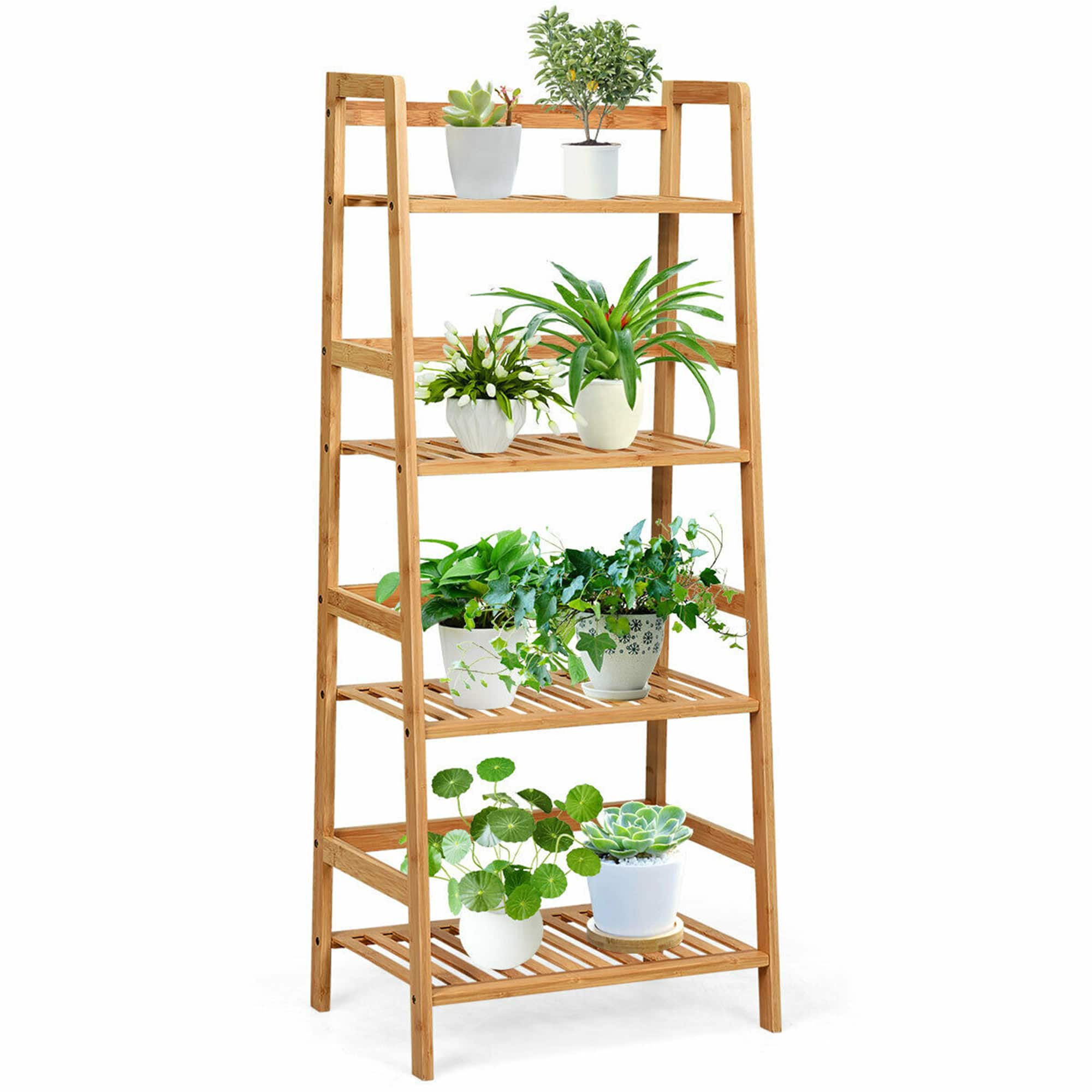Gymax - 4-Tier Bamboo Ladder Shelf Multipurpose Plant Display Stand Storage Bookshelf - Brown