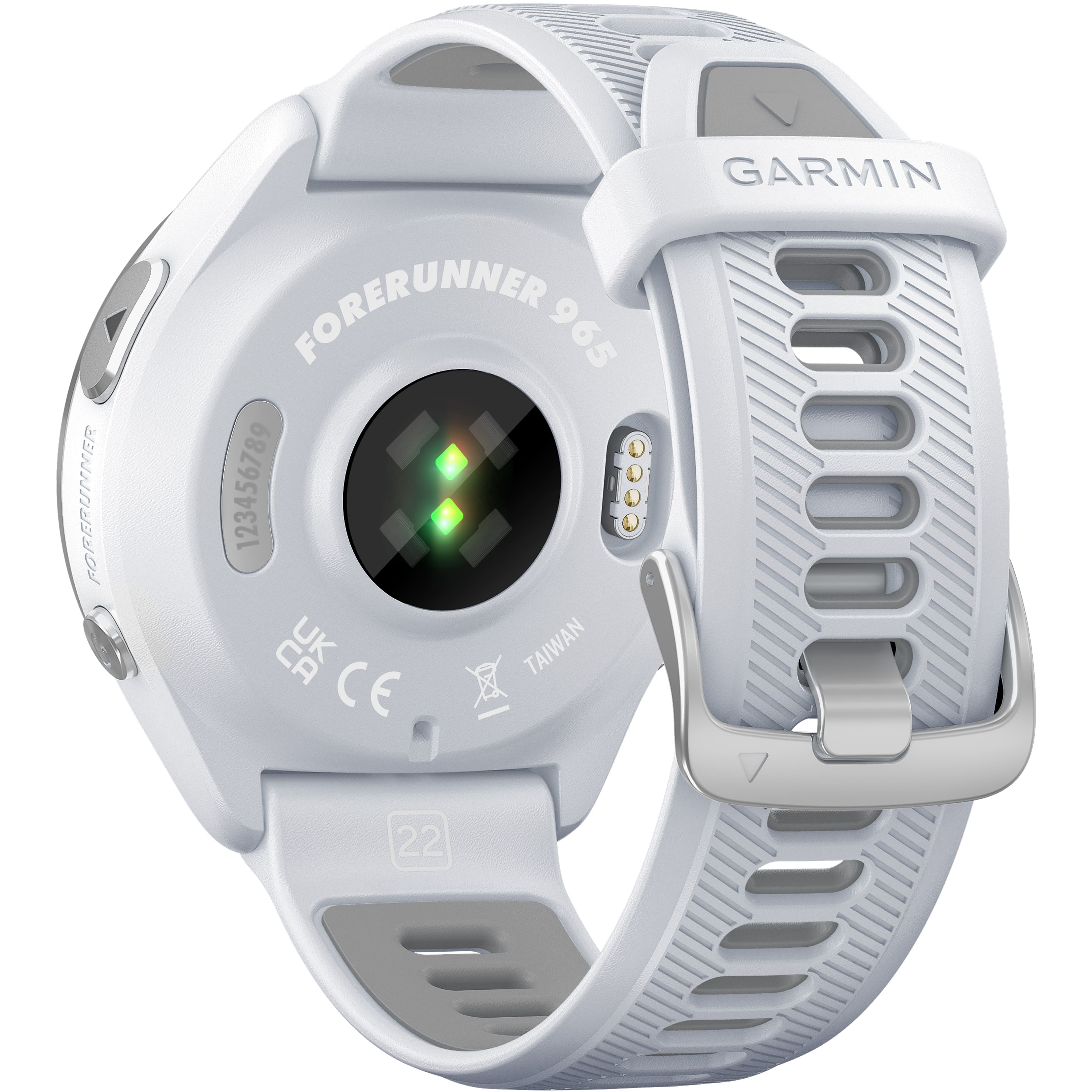 The text on the image reads "Forerunner Garmin Forerunner 965 123456789 8 0000 CE U Taiwan CE 22."
