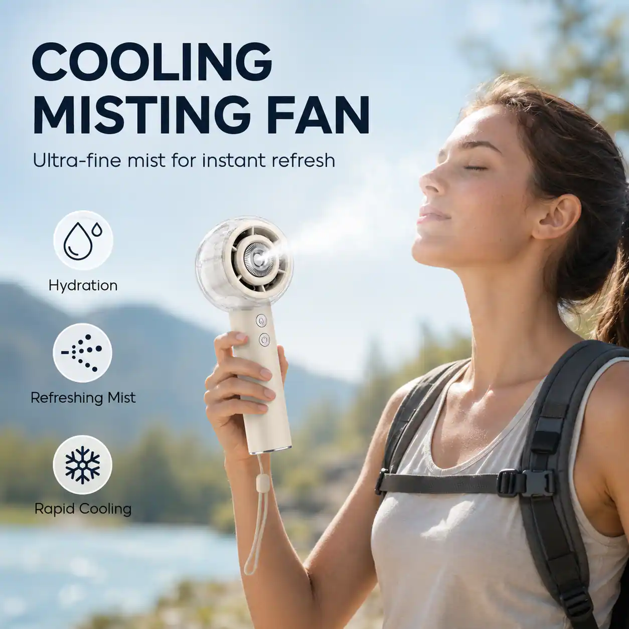 COOLING MISTING FAN  
Ultra-fine mist for instant refresh  

Hydration  
Refreshing Mist  
Rapid Cooling