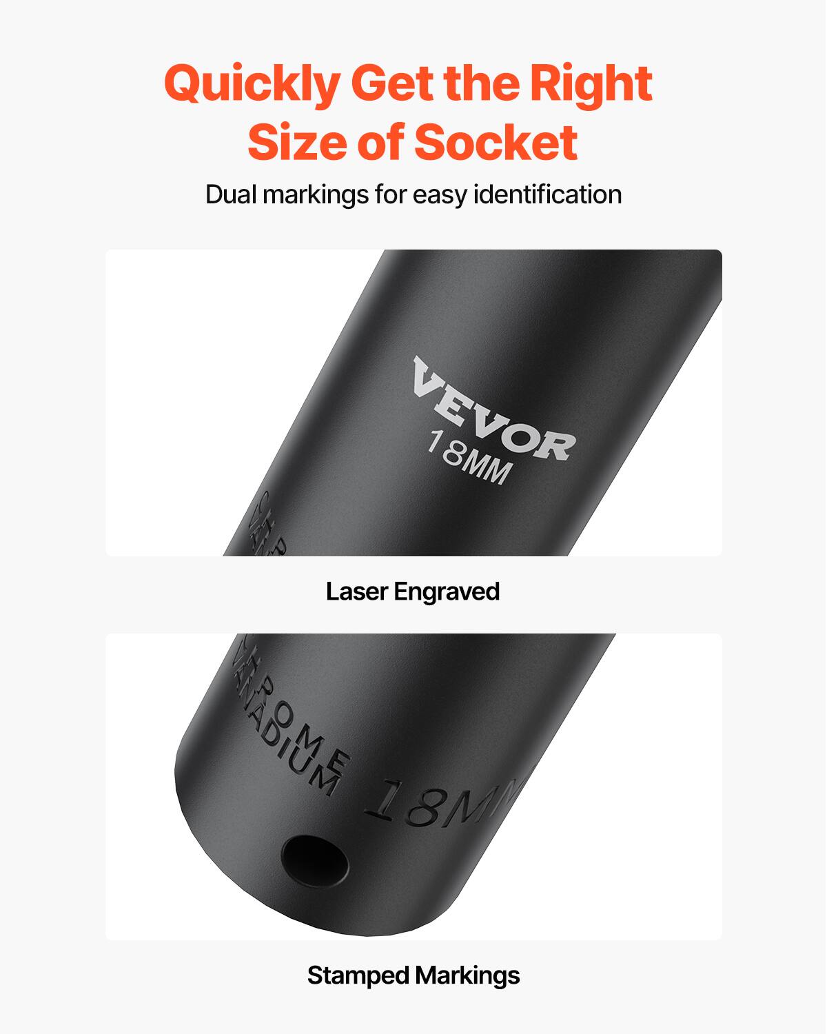 Quickly Get the Right Size of Socket, Dual markings for easy identification, VEVOR 18MM, Laser Engraved, KROME ME 18MM, Stamped Markings